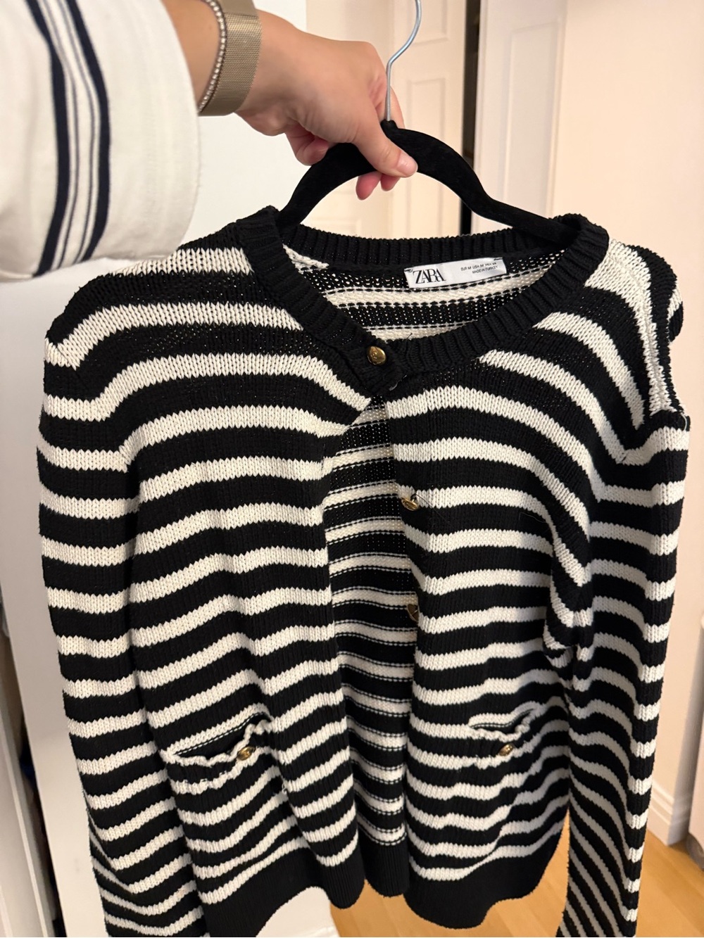 Zara Black & White Striped Button-Front Cardigan